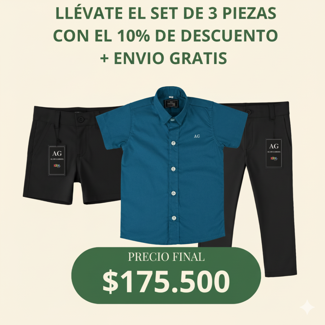 Set camisero pantalón Negro, Bermuda Negra y Camisa Azul Petroleo
