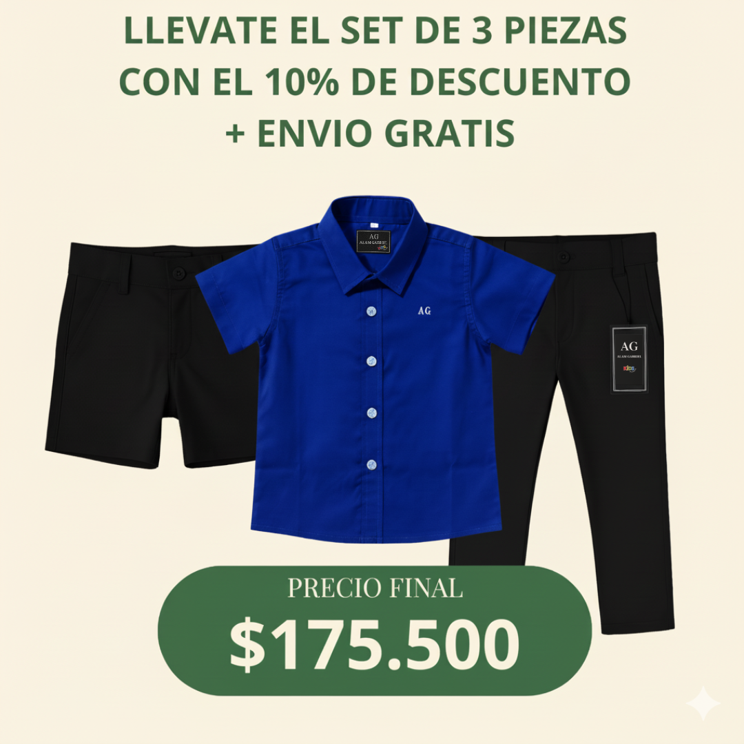 Set camisero pantalón Negro, Bermuda Negra y Camisa Azul Rey