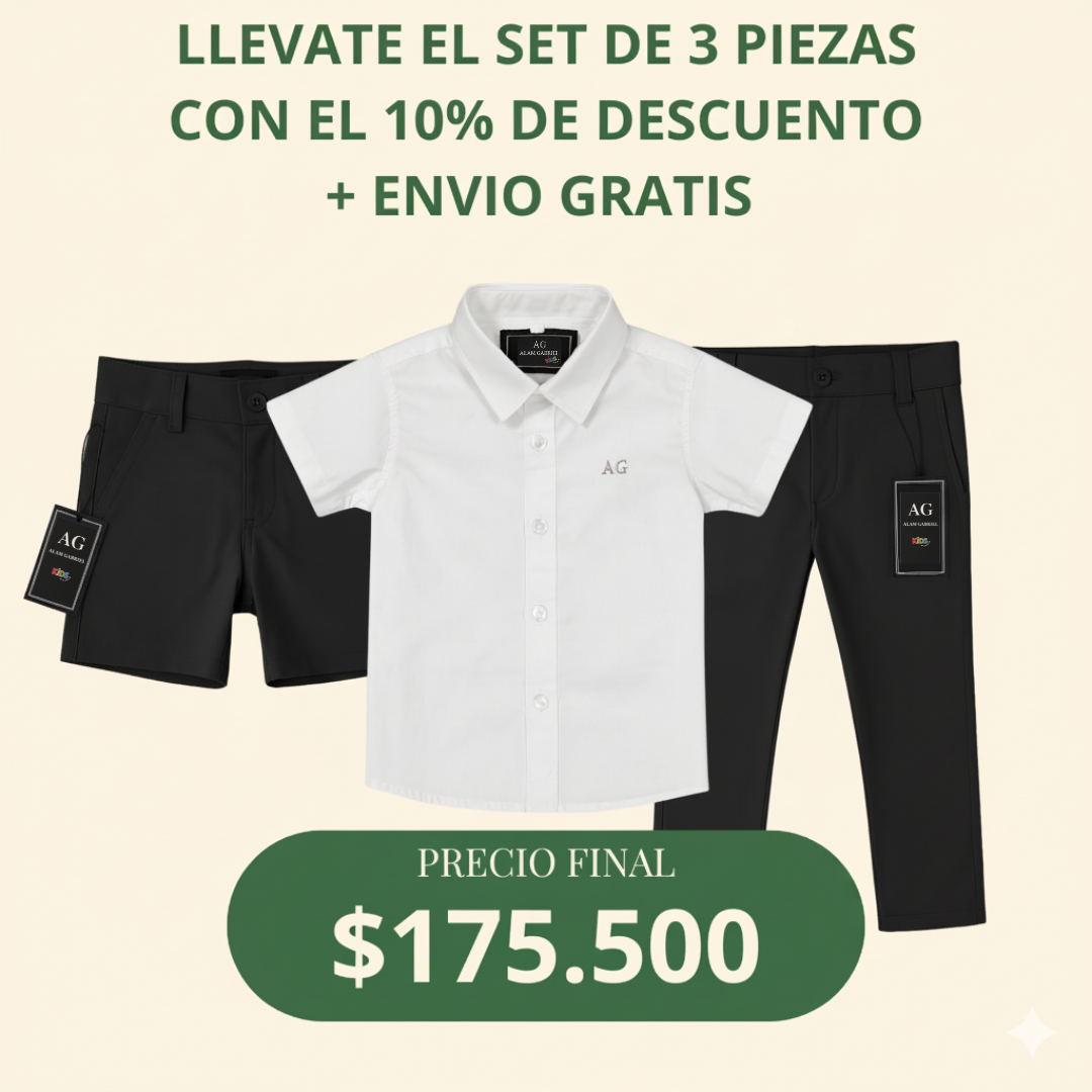 Set camisero pantalón Negro, Bermuda Negra y Camisa Blanca