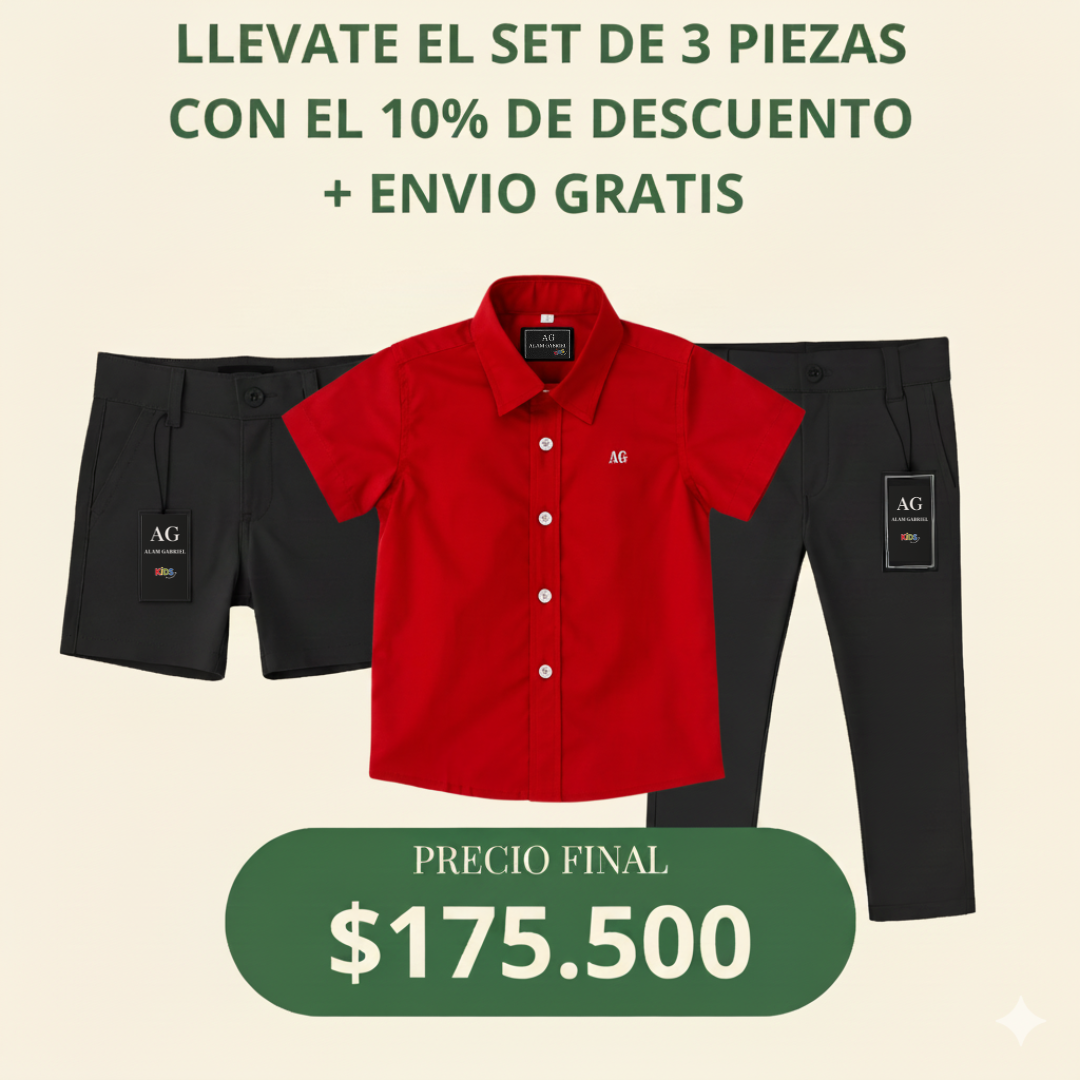 Set camisero pantalón Negro, Bermuda Negra y Camisa Roja