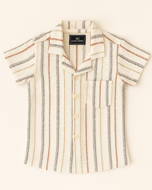 Camisa Lino Texturizada Rayas Marrón y Terracota